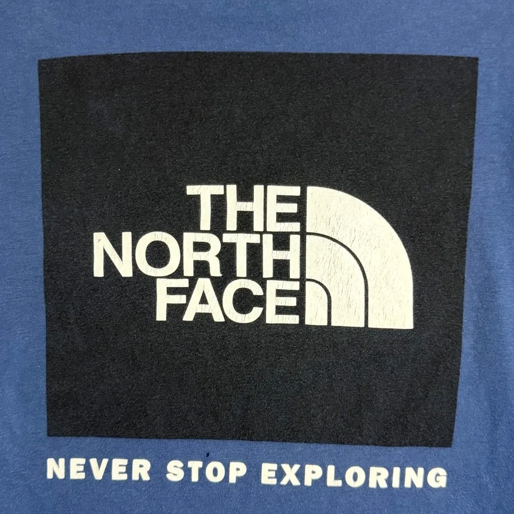 The North Face Blue Graphic Box Logo T-Shirt Never Stop Exploring Mens Medium